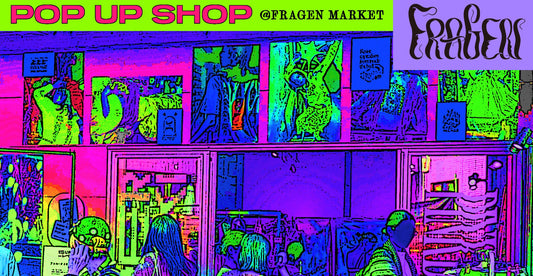 POP UP SHOP @FRAGEN MARKET ピンク、パープル、グリーンの鮮やかなネオンカラーでマーケットの様子が描かれたグラフィック。 2024.11/1/2/3 FRI SUT SUN SUPER KIKI 政治的衣服 東京プラザ銀座7階