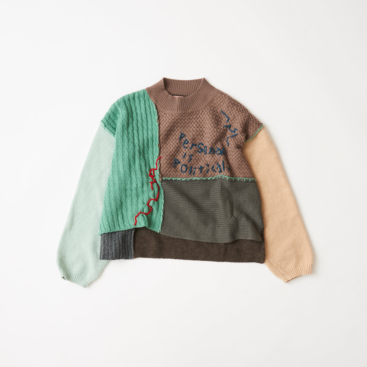 パッチワーク風 ニット（グリーンベージュ / オリジナル手刺繍 
