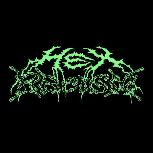 メタル風ロゴでHEX RACISM と蛍光グリーンでプリントされている。